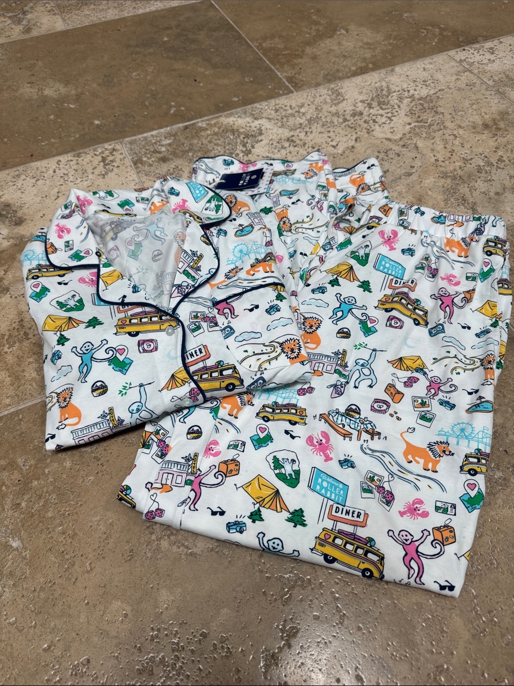NWT Roller Rabbit White Printed Pajama Set with Colorful Adventure Motif